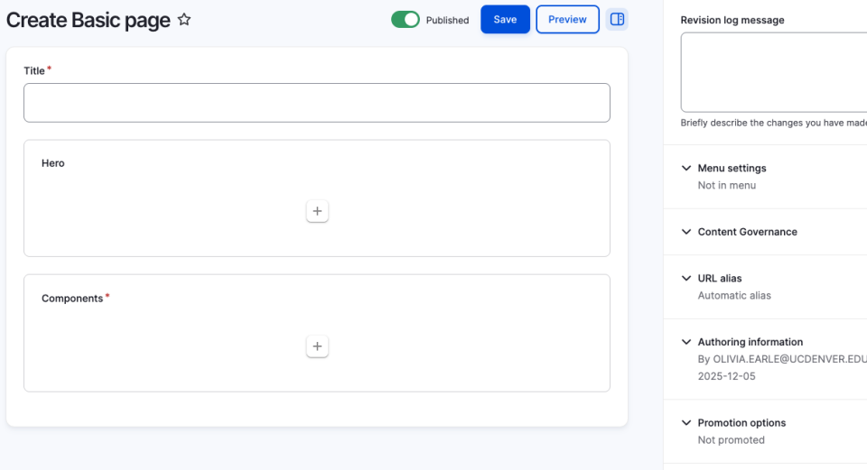 Screenshot of the basic page editor in the Drupal dashboard