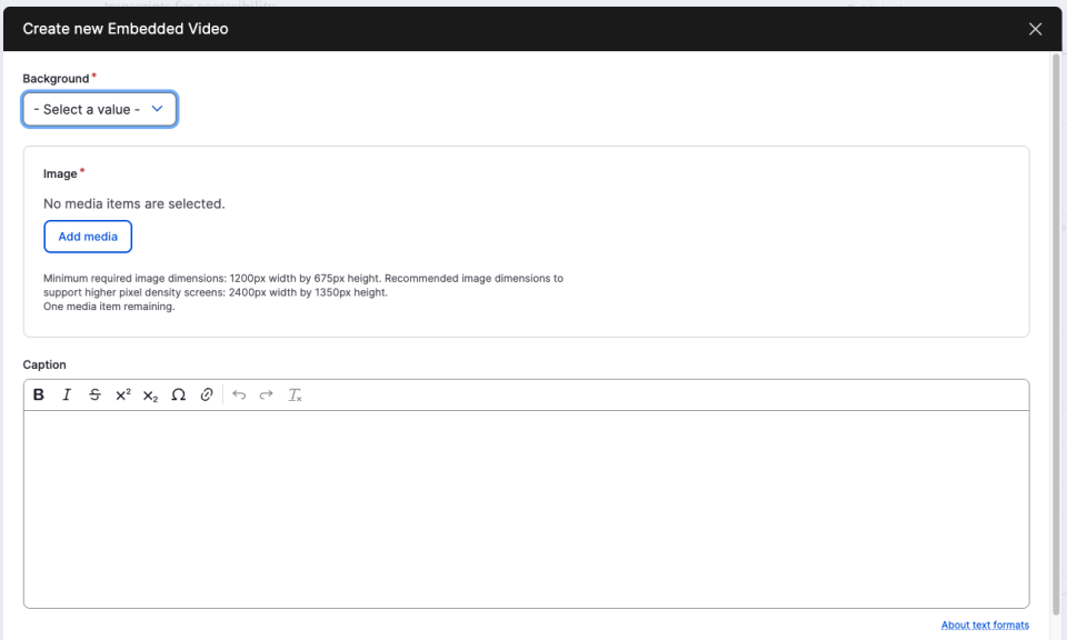 Screenshot of Embedded Video component editor settings showing the background selector, image, and caption options