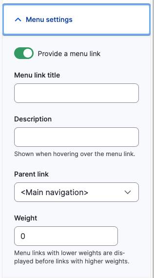 Screenshot of menu settings for a basic page