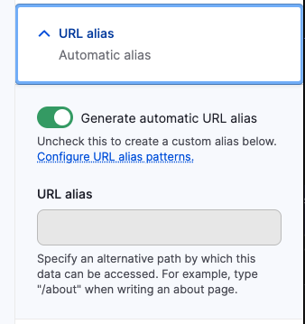 Screenshot of URL alias settings