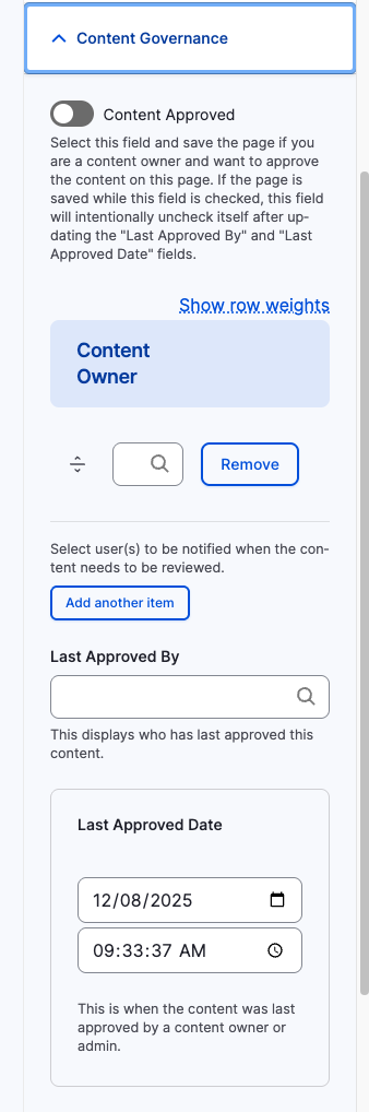 Screenshot of Content Governance page settings