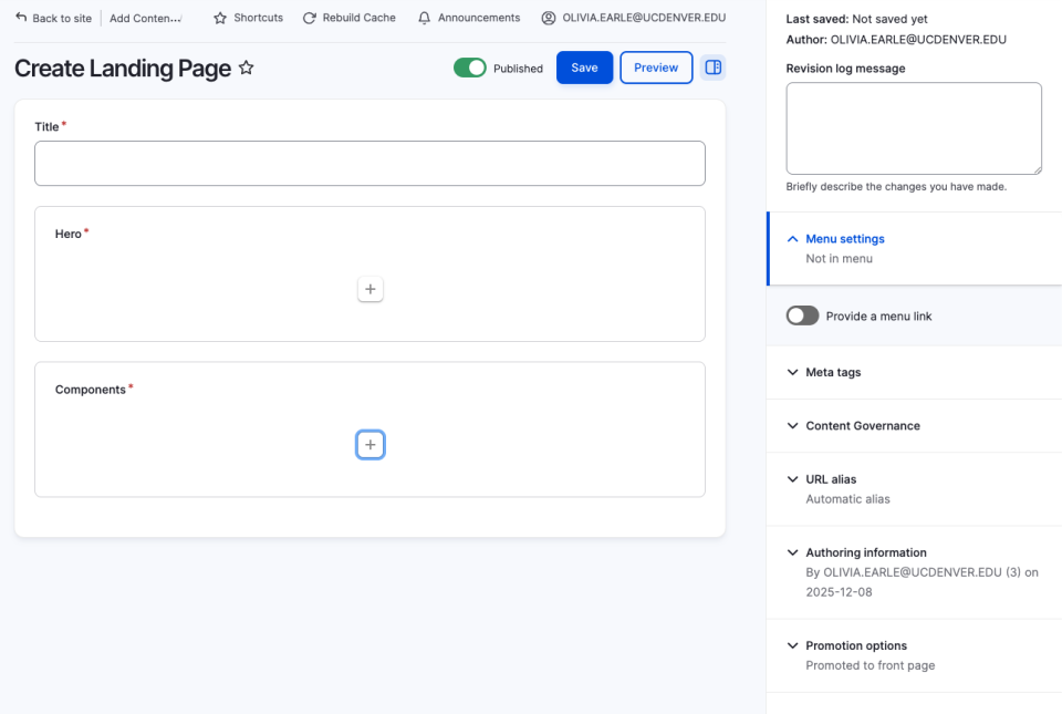 Screenshot of Landing Page editor settings