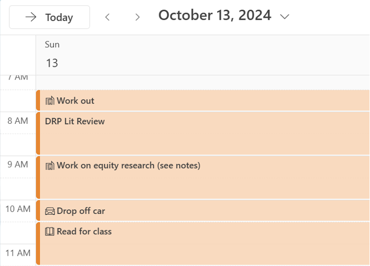 Screenshot of the author’s calendar from October 13th, 2024, where she has blocked off time to work on a specific literature review, an equity research project, and to read for her class that week