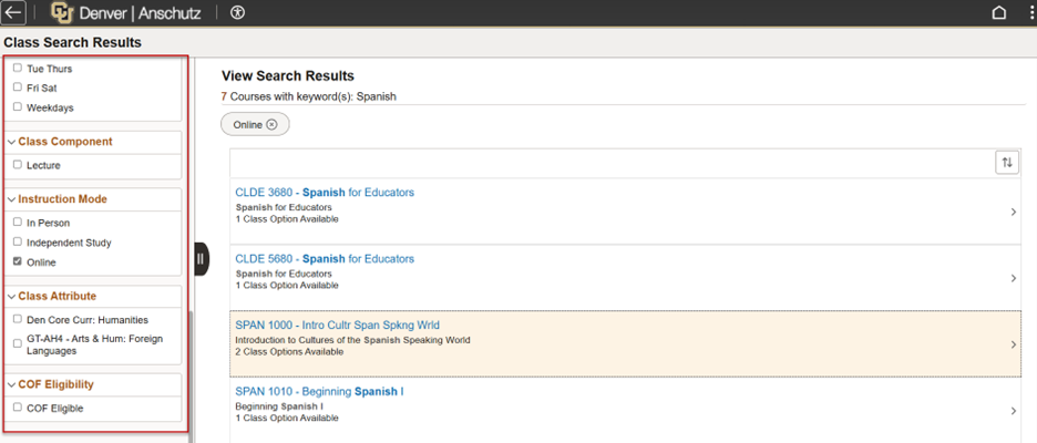 Screenshot of Class Search results