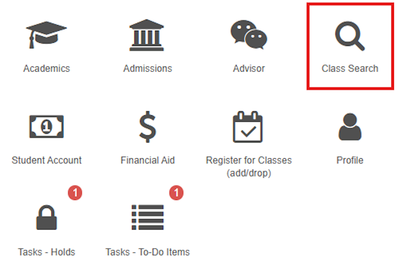 Screenshot of UCDAccess Student Center with red box around Class Search widget