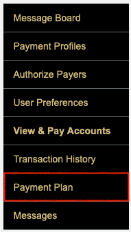 Screenshot of Pay Bill menu with Payment Plan highlighted