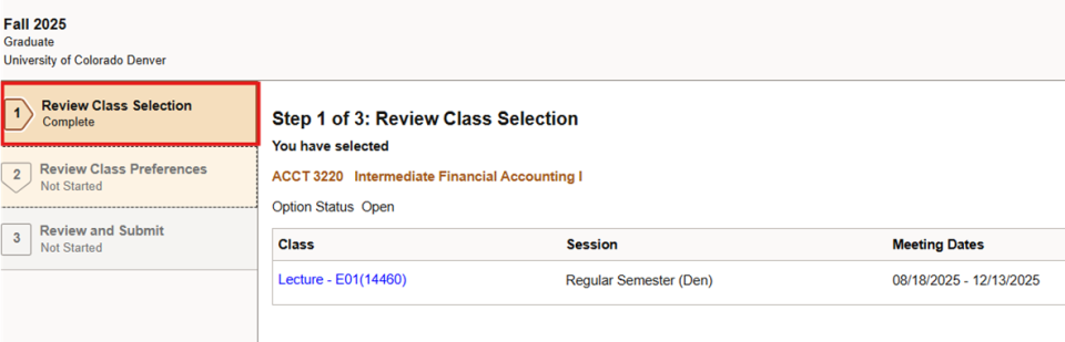 Screenshot of Step 1: Review Class Selection