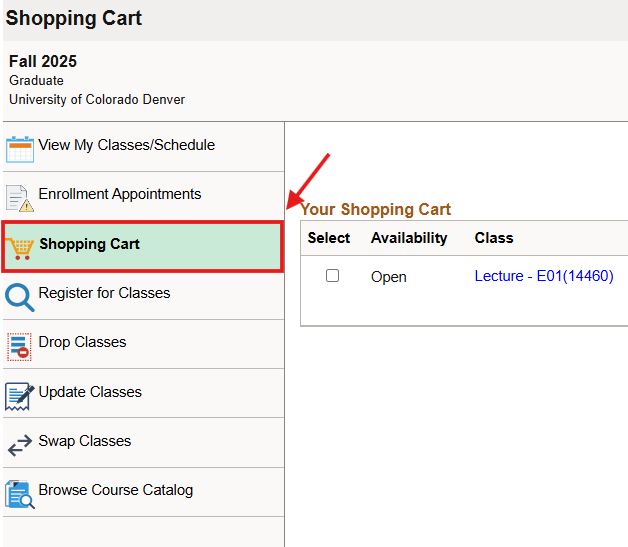 Screenshot of Shopping Cart option being selected in side navigation