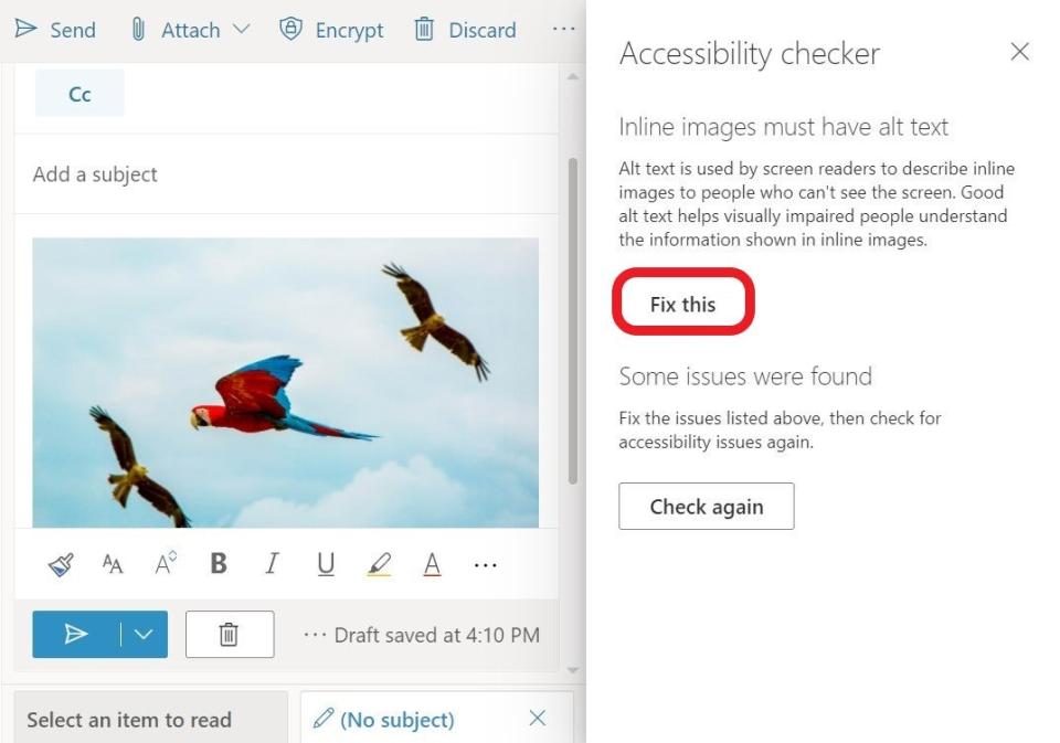 Screenshot showing the error message in Outlook
