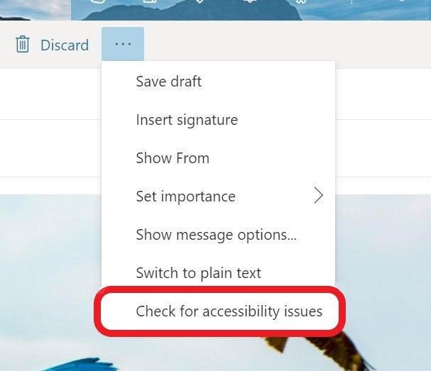 Screenshot showing the "Check for accessibility issues" button in Outlook