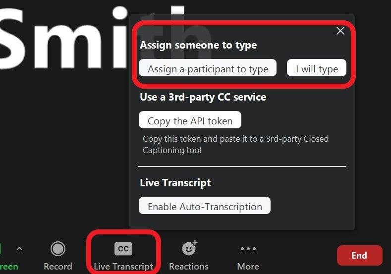 Screenshot of Live Transcript options with Assign someone to type options highlighted