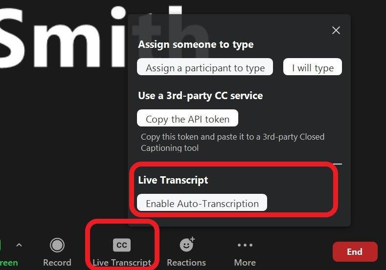 Screenshot of live transcript CC settings with highlighted enable auto-transcription button