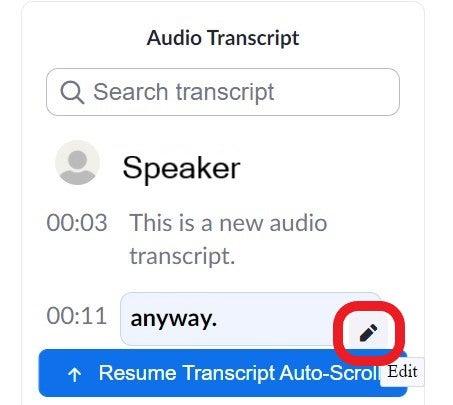 Screenshot of transcript editor with pencil icon selected