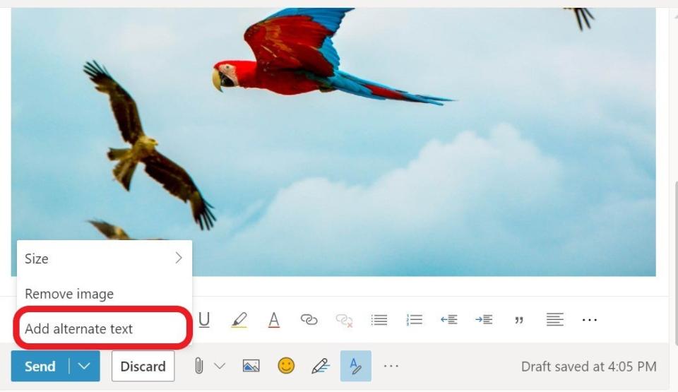Screenshot showing Add Alternative text button in Outlook.