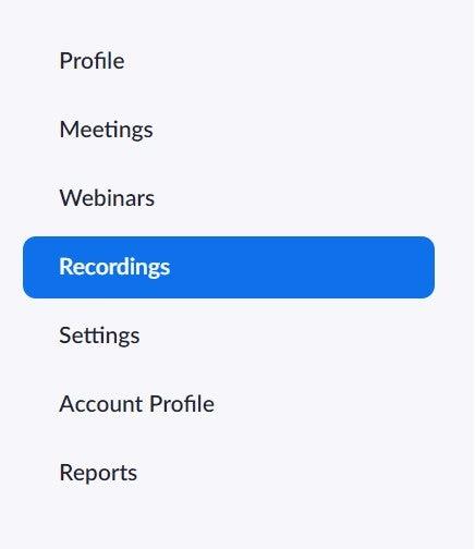 Screenshot of Navigation menu with Recordings selected