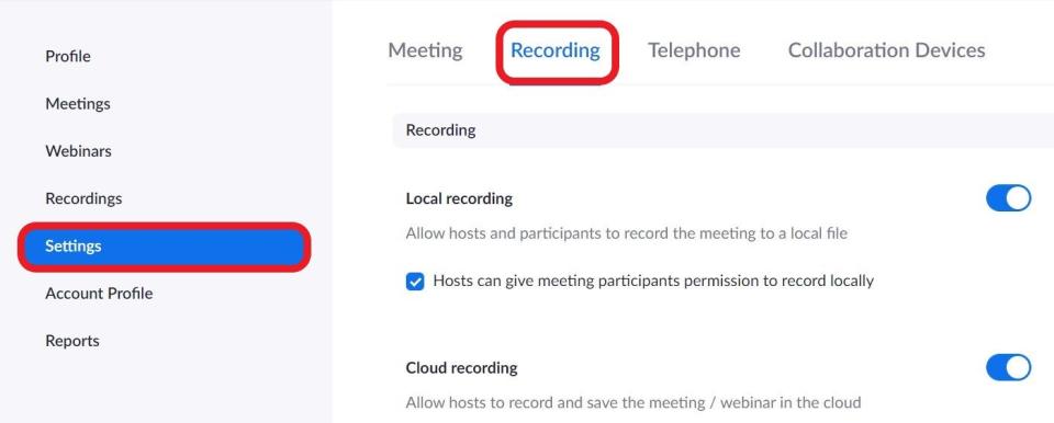 Screenshot of Settings menu with Recording tab highlighted