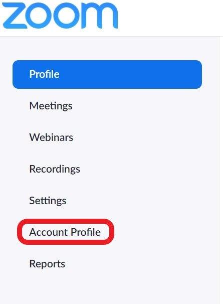 Screenshot of Zoom navigation panel with Account Profile option highlighted