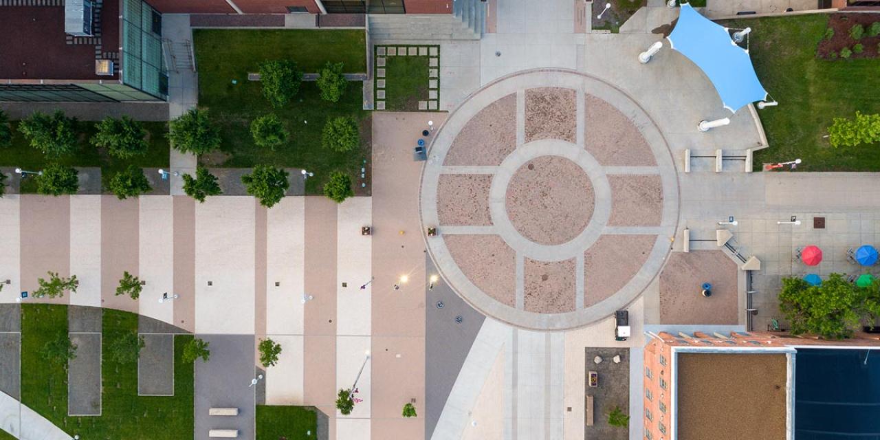 Aerial shot looking down at sidewalk on CU Denver campus 