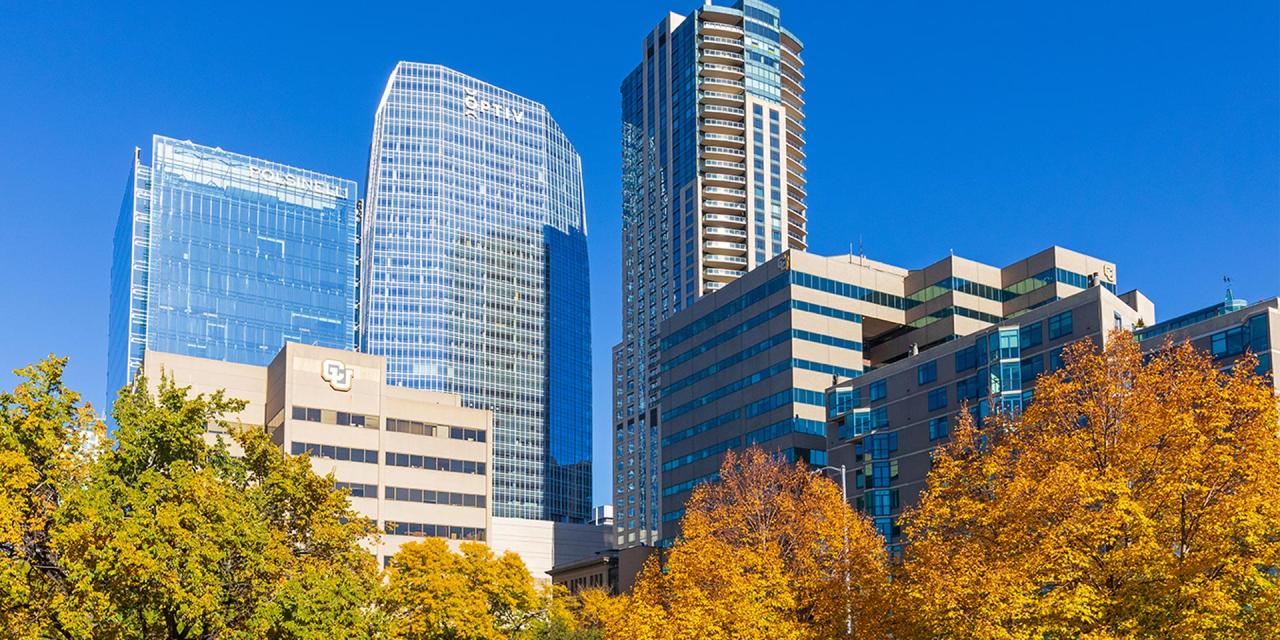 Skyscrapers in Denver with CU Denver campus buildings in foreground
