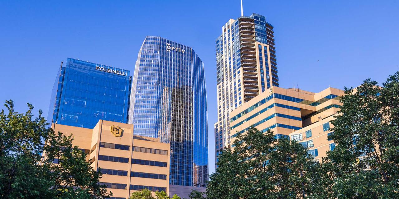 Stylistic camera angle looking up at skyscrapers with CU buildings in front