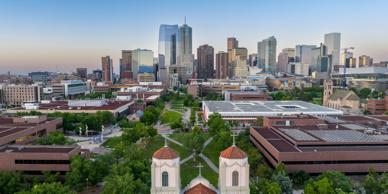 Denver skyline behind CU Denver campus