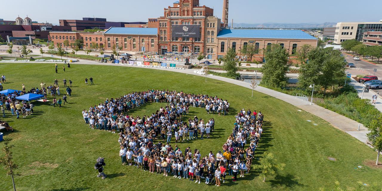 Large group of CU Denver students in the Tivoli lawn