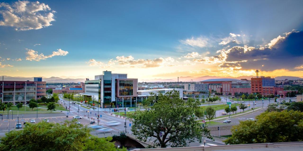 CU Denver campus at sunset.