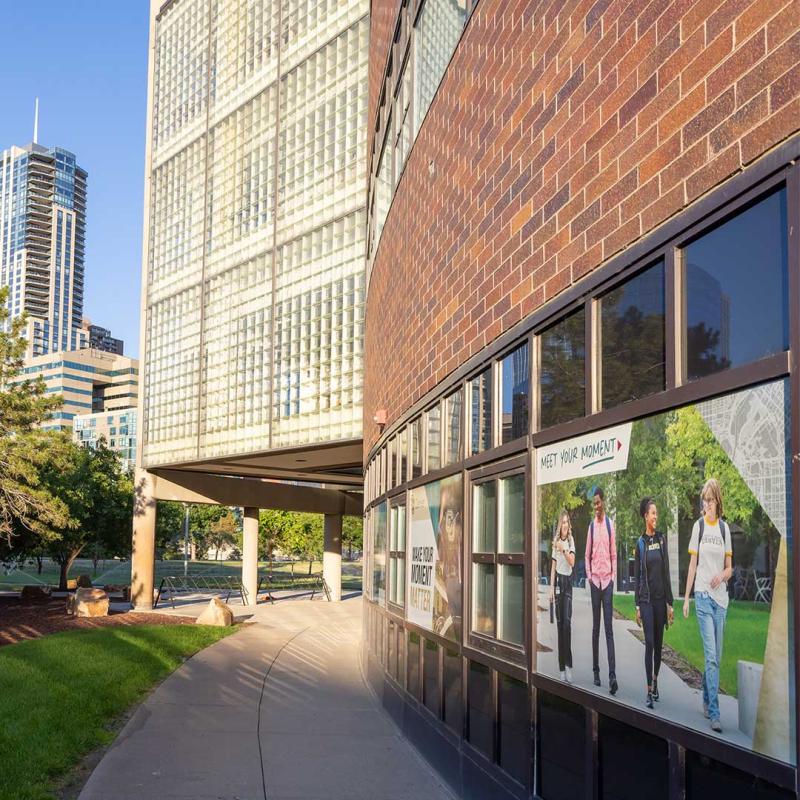 Stylistic shot of CU Denver campus building with branded window wrap 