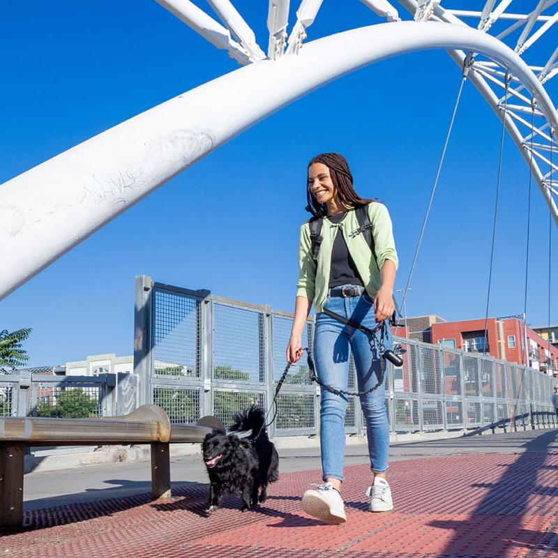 Student walking on pedestrian bridge with dog
