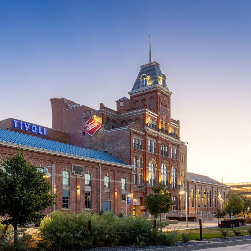 Tivoli Student Center with sunsetting in background