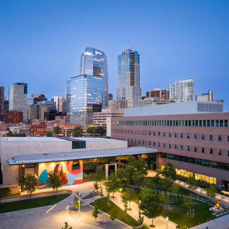 CU Denver campus downtown at dusk