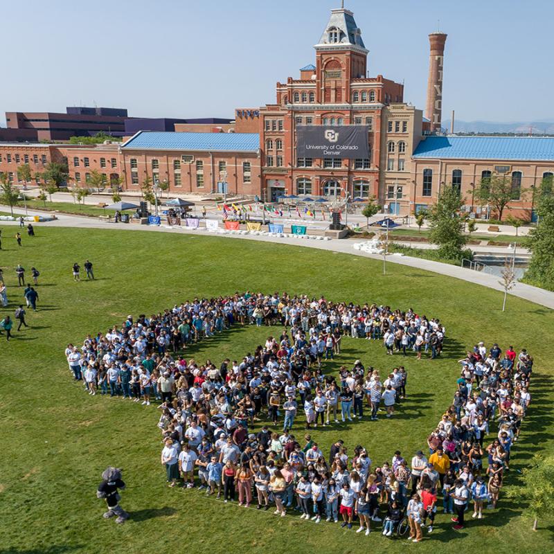 Large group of CU Denver students in the Tivoli lawn