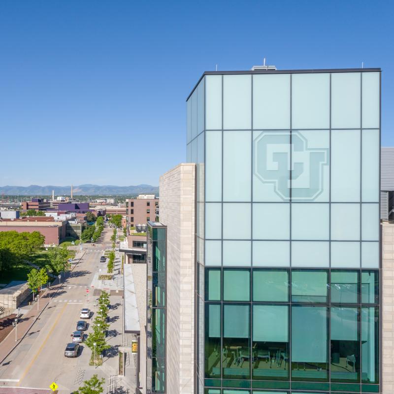 CU Denver building with city of Denver in background