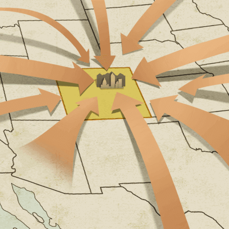 Map of USA with arrows pointing to Denver