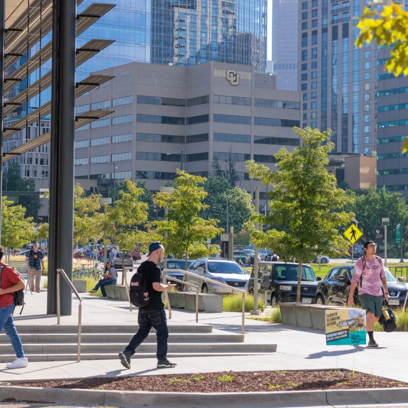 Students walking in front of Student Commons Building