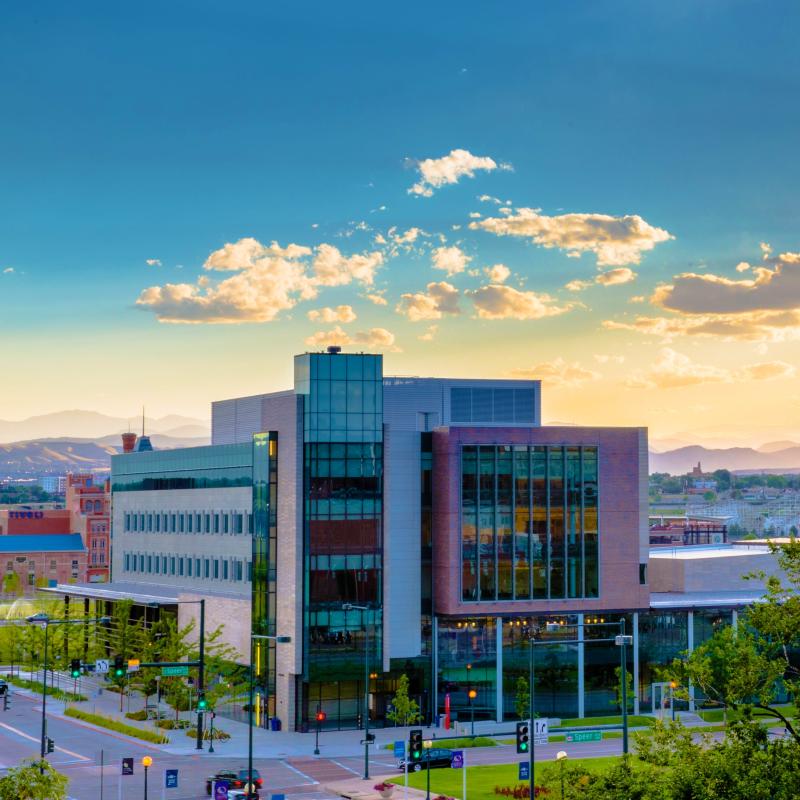 CU Denver Student Center with sunset in background